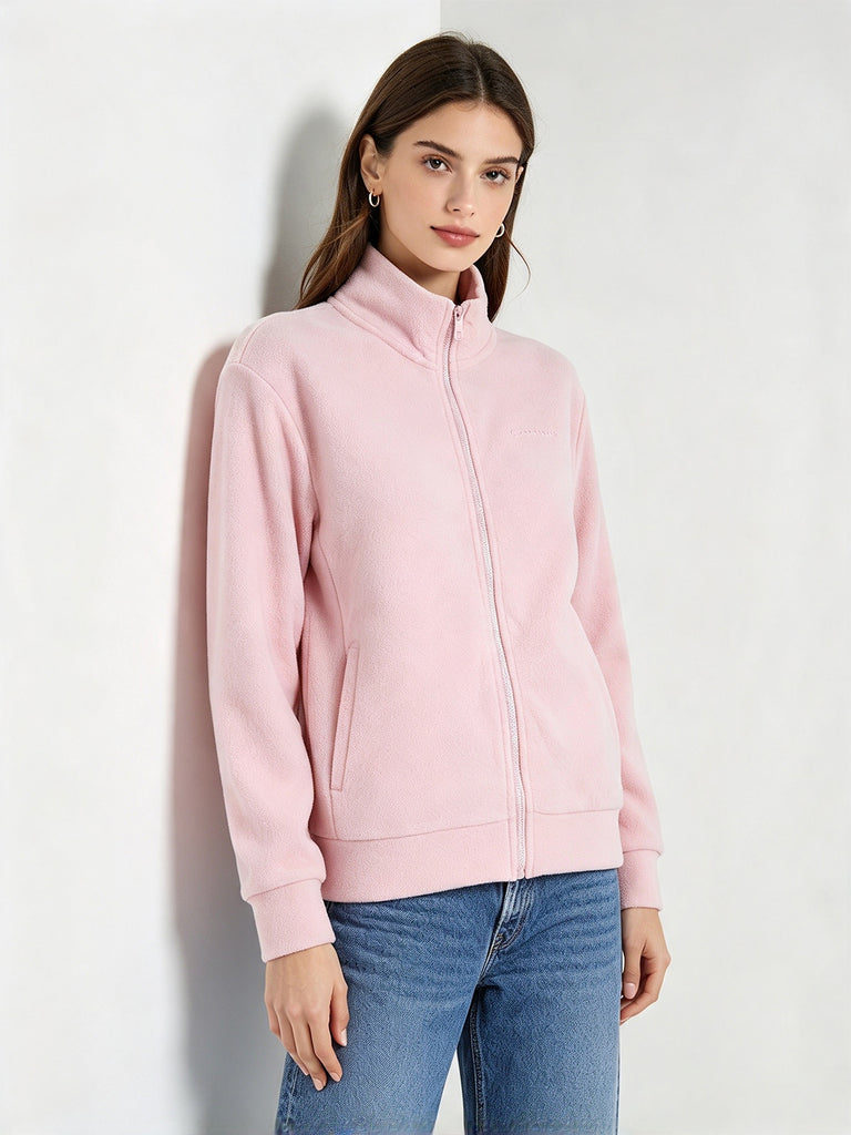Fleece-Sweatshirt für Damen mit hohem Kragen und Reißverschluss - rosa